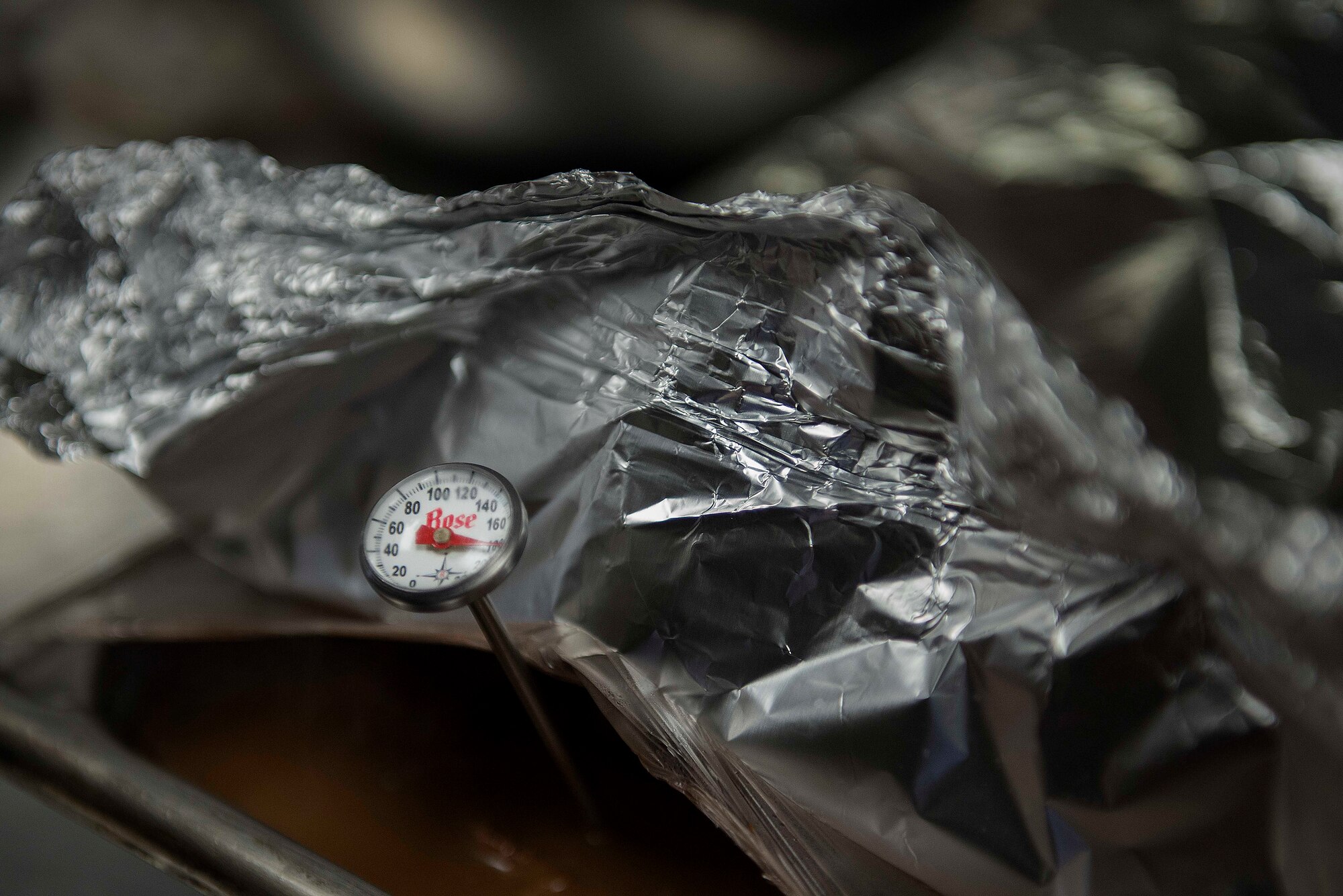 A Nightingale Inn Dining Facility chef ensures the food was cooked at the right temperature to ensure it is safe for consumption at Scott Air Force Base, Ill, June 29, 2016. Each member of the team goes through specific training to ensure they can maintain a safe, clean, and healthy environment. (U.S. Air Force photo/Senior Airman Jake Eckhardt)