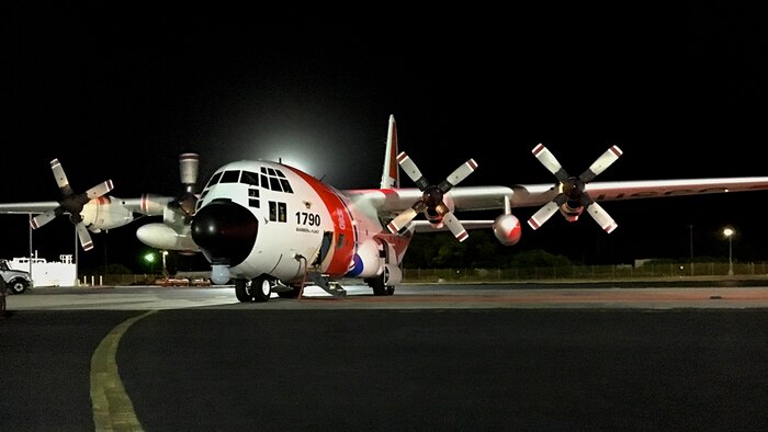 COAST GUARD AIR STATION BARBERS POINT, OAHU (July 10, 2016) - The crew of an HC-130 Hercules airplane begins their preflight checks. The crew flew cover and managed communications for a Navy SH-60 crew on a medevac of a 58-year-old mariner 184 north of Oahu. 