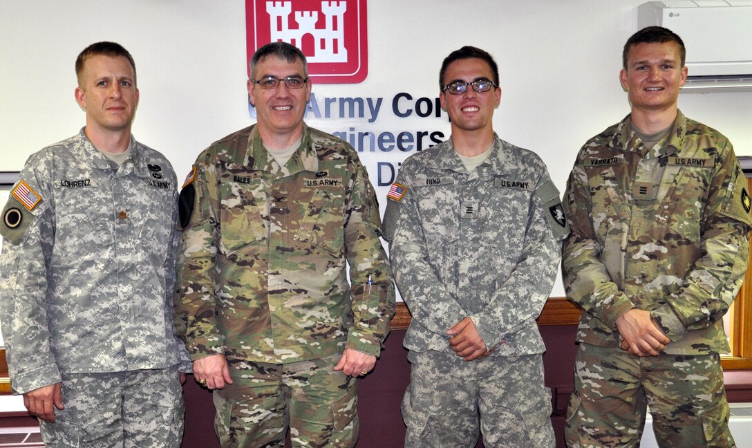 West Point cadets Mario Joseph Lund (second from right) and Dylan Bradley Varrato (right) visited with Col. Stephen Bales, Far East District commander, and Maj. Michael Lohrenz, Deputy Resident Engineer, Pyeongtaek Resident Office, on July 8. The cadets, both of whom are engineering majors, are visiting the Far East District until July 23.