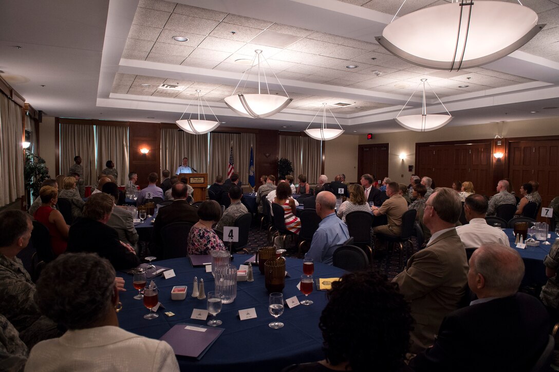 Col. Bradley Hoagland, 11th Wing and Joint Base Andrews commander, speaks during the Joint Base Andrews, Md., 2016 Honorary Commander Luncheon at The Club on JBA, July 7. The JBA Honorary Commander Program allows communication and partnerships between key leaders of the base and surrounding community. (U.S. Air Force photo by Airman 1st Class Philip Bryant)