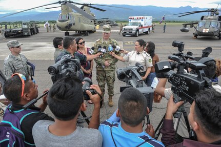 U.S. Army Col. Brian Hughes, Joint Task Force-Bravo commander, answers questions from local media outlets after the JTF-Bravo change of command ceremony at Soto Cano Air Base, Honduras, July 7, 2016. Hughes served as the Army Special Operations Aviation Command operations officer and interim chief of staff at Fort Bragg, N.C., followed by a National Security Fellowship at the University of North Carolina, prior to assuming command of JTF-Bravo. (U.S. Air Force photo by Staff Sgt. Siuta B. Ika)