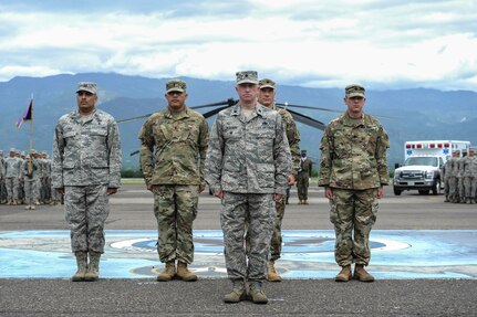 U.S. Air Force Lt. Col. Jarod Blecher, Joint Task Force-Bravo deputy commander, leads the formation during the JTF-Bravo change of command ceremony at Soto Cano Air Base, Honduras, July 7, 2016. JTF-Bravo conducts and supports joint operations, actions and activities throughout the joint operations area, maintaining a forward presence in order to enhance regional security, stability and cooperation. (U.S. Air Force photo by Staff Sgt. Siuta B. Ika)