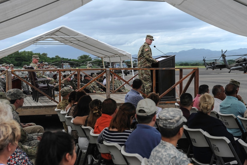 Former Joint Task Force-Bravo commander U.S. Army Col. Robert Harman speaks during the JTF-Bravo change of command ceremony at Soto Cano Air Base, Honduras, July 7, 2016. Harman’s next assignment will be as the executive officer to the commander of U.S. Southern Command. (U.S. Air Force photo by Staff Sgt. Siuta B. Ika)
