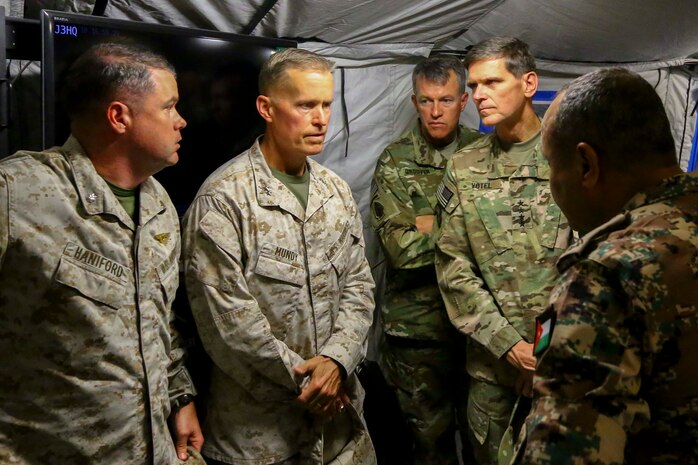 U.S. Army Gen. Joseph Votel Commander of U.S. Central Command, along with U.S. Marine Maj. Gen. Carl E. Mundy III, 5th Marine Expeditionary Brigade (5th MEB), and U.S. Army Maj. Gen. Ralph H. Groover III meet with Marines with 5th MEB and members of the Jordanian Armed Forces  during Exercise Eager Lion 2016 near Amman, Jordan on May 22, 2016. Eager Lion 16 is a US military bi-lateral exercise with the Hashemite Kingdom of Jordan designed to strengthen relationships and interoperability between partner nations. (U.S. Marine Corps photo by Cpl. Lauren Falk 5th MEB COMCAM/Released)