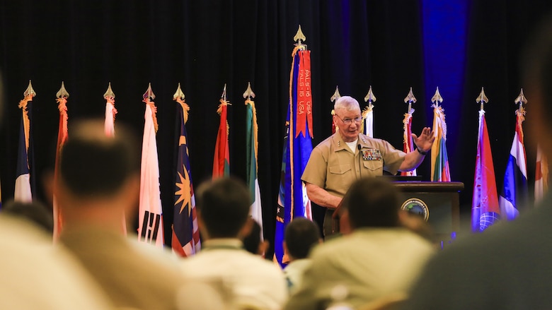 U.S. Marine Corps Lt. Gen. John A. Toolan, commanding general of Fleet Marine Force, Pacific, gives the opening speech during USPACOM Amphibious Leaders Symposium in San Diego, California, July 11, 2016. PALS brings together senior leaders of allied and partner nations from the Indo-Asia-Pacific region to discuss key aspects of maritime/amphibious operations, capability development, crisis response, and interoperability. Twenty-two allied and partnered nations, including the U.S. are participating.