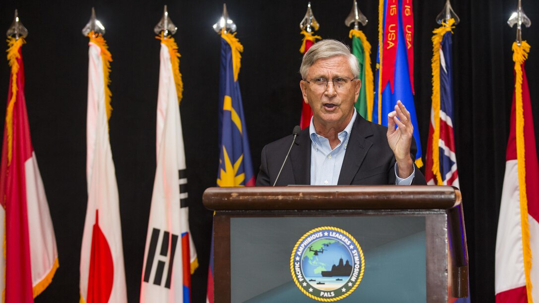 U.S. Navy Vice Adm. Doug Crowder (Ret.) speaks to the participants attending the USPACOM Amphibious Leaders Symposium in San Diego, California, July 11, 2016. PALS brings together senior leaders of allied and partner nations from the Indo-Asia-Pacific region to discuss key aspects of maritime/amphibious operations, capability development, crisis response, and interoperability. Twenty-two allied and partnered nations, including the U.S. are participating.