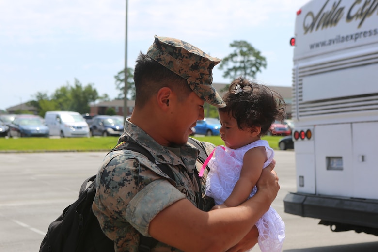 Cpl. Keisuke Gonzales, a motor vehicle operator with Black Sea Rotational Force, returns from a six-month deployment in Eastern Europe and embraces his baby daughter during a homecoming ceremony on Camp Lejeune, N.C., July 10, 2016. The Marines, while conducting various training missions with fellow NATO countries, also aided the local populaces through various community relation events strengthening international relations not only with the foreign militaries but also the communities they resided in. (U.S. Marine Corps Photo by Cpl. Shannon Kroening/Released)