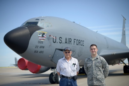 Air Force Staff Sgt. Austin Phillips, the 22nd Maintenance Squadron wheel and tire section chief, right, poses with his grandfather, retired Air Force Staff Sgt. Raymond Hopper, in front of a KC-135 Stratotanker at McConnell Air Force Base, Kan., June 25, 2016. Phillips is assigned to the KC-135, one of the same airframes his grandfather worked on nearly 60 years before. 