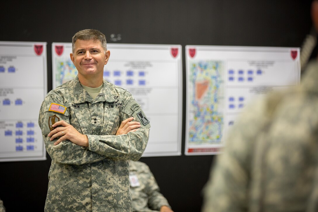 U.S. Army Maj. Gen. Lewis Irwin, Commanding General of the 416th Theater Engineer Command, attends a distinguished visitors brief during Warrior Exercise (WAREX) 86-16-03 at Fort McCoy, Wis., July 11, 2016. WAREX is designed to keep soldiers all across the United States ready to deploy.
(U.S. Army photo by Spc. John Russell/Released)