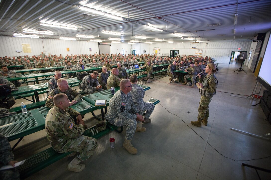 U.S. Army Brig. Gen. Lee Gray, Commanding General of the 86th Training Division, speaks to soldiers during the warm start brief during Warrior Exercise (WAREX) 86-16-03 at Fort McCoy, Wis., July 11, 2016. WAREX is designed to keep soldiers all across the United States ready to deploy.
(U.S. Army photo by Spc. John Russell/Released)