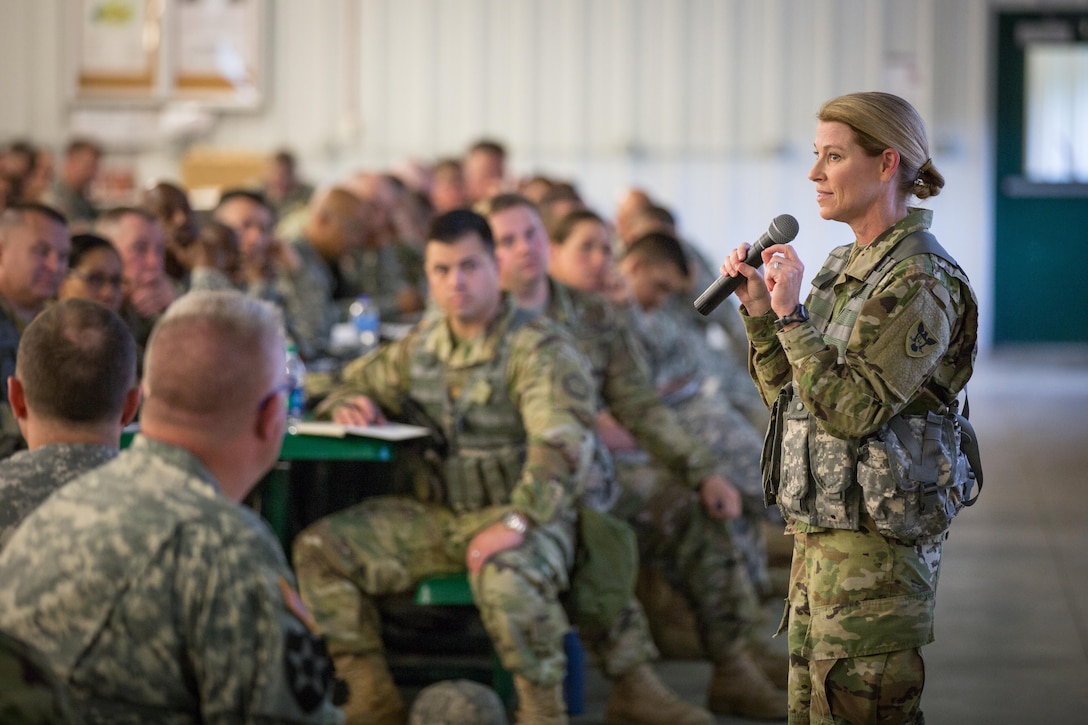 U.S. Army Brig. Gen. Lee Gray, Commanding General of the 86th Training Division, speaks to soldiers during the warm start brief during Warrior Exercise (WAREX) 86-16-03 at Fort McCoy, Wis., July 11, 2016. WAREX is designed to keep soldiers all across the United States ready to deploy.
(U.S. Army photo by Spc. John Russell/Released)