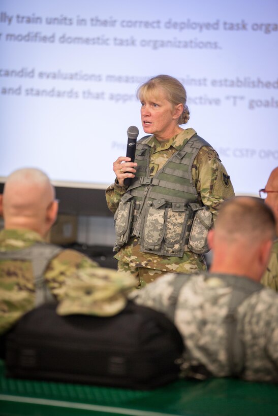 U.S. Army Command Sgt. Maj. Abbe Mulholland, Command Sergeant Major of the 86th Training Division, speaks to soldiers during Warrior Exercise (WAREX) 86-16-03 at Fort McCoy, Wis., July 11, 2016. WAREX is designed to keep soldiers all across the United States ready to deploy.
(U.S. Army photo by Spc. John Russell/Released)