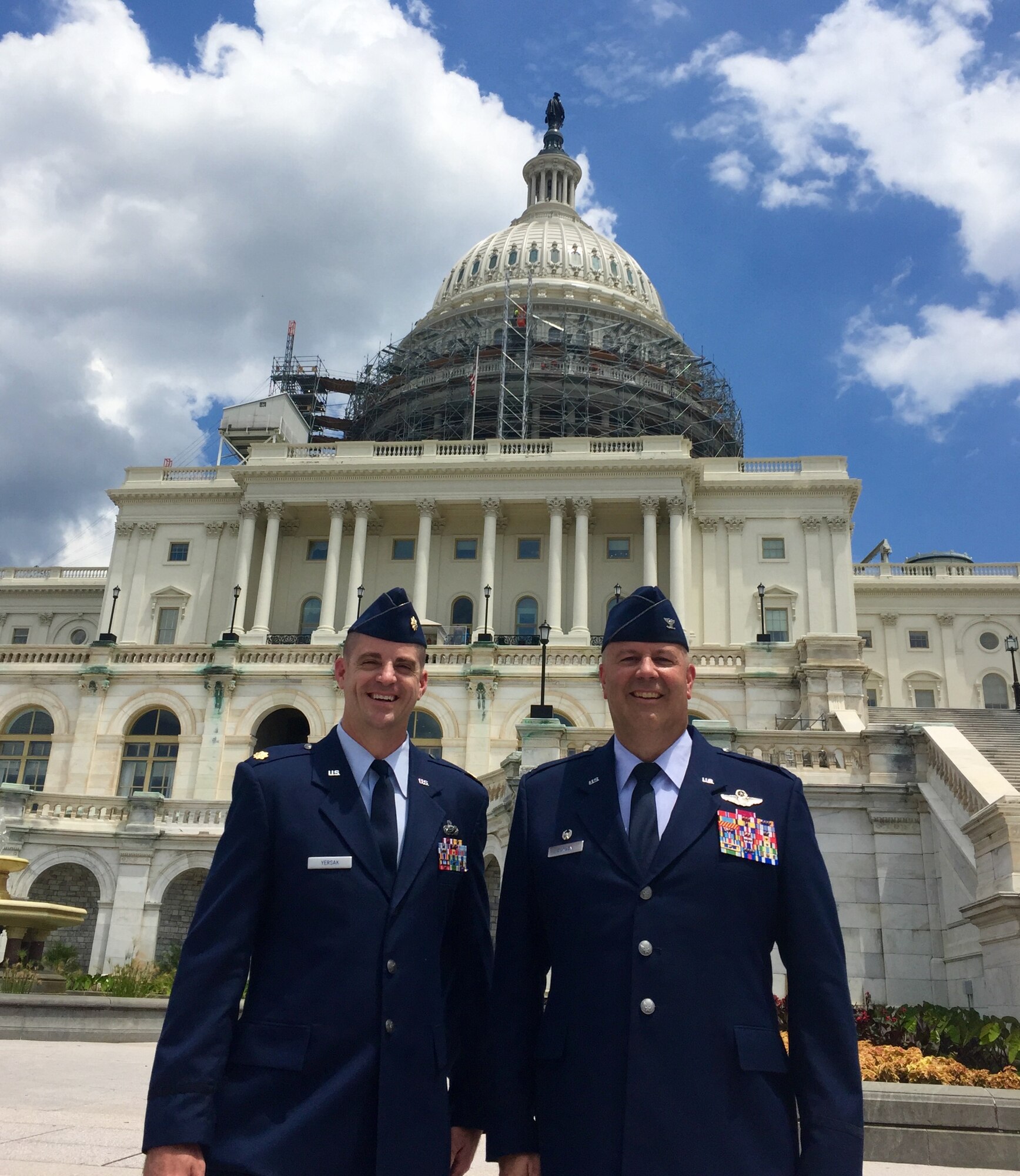 Maj. Keith Yersak, left, 442d Fighter Wing executive officer, and Col. Brian Borgen, 442d FW commander, stand outside the U.S. Capitol July 6, 2016. The 442 FW leadership engaged with members of congress to discuss our mission and how policies affect Reservists. 