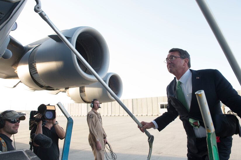 Defense Secretary Ash Carter boards an aircraft to depart from Bagram Airfield, Afghanistan, July 12, 2016. DoD photo by Navy Petty Officer 1st Class Tim D. Godbee
