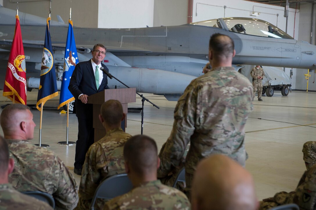 Defense Secretary Ash Carter listens to a question from a service member at Bagram Airfield, Afghanistan, July 12, 2016. DoD photo by Navy Petty Officer 1st Class Tim D. Godbee