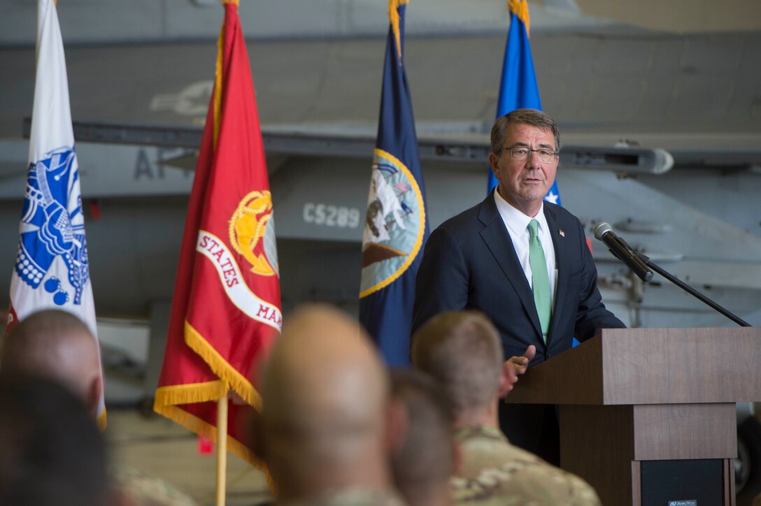 Defense Secretary Ash Carter speaks to troops at Bagram Airfield, Afghanistan, July 12, 2016. DoD photo by Navy Petty Officer 1st Class Tim D. Godbee