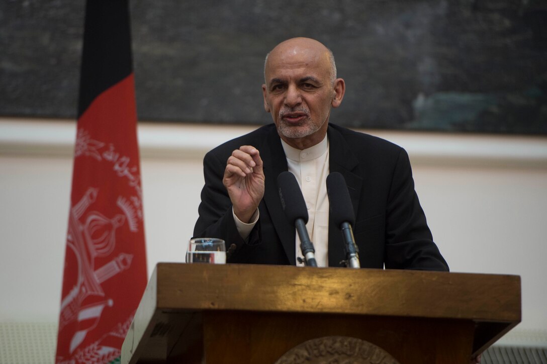 Afghan President Ashraf Ghani speaks during a joint news conference with Defense Secretary Ash Carter in Kabul, Afghanistan, July 12, 2016. DoD photo by Navy Petty Officer 1st Class Tim D. Godbee