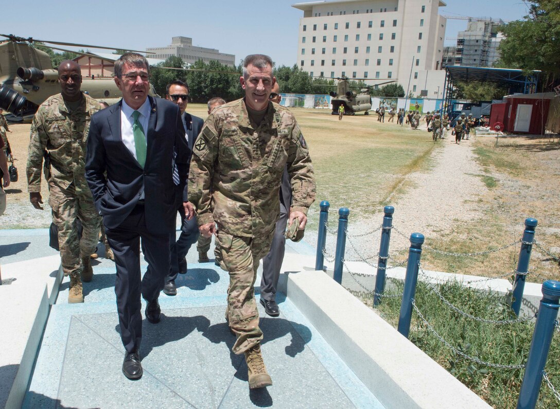 Defense Secretary Ash Carter walks with Army Gen. John W. Nicholson, commander of the Resolute Support mission, in Kabul, Afghanistan, July 12, 2016. DoD photo by Navy Petty Officer 1st Class Tim D. Godbee