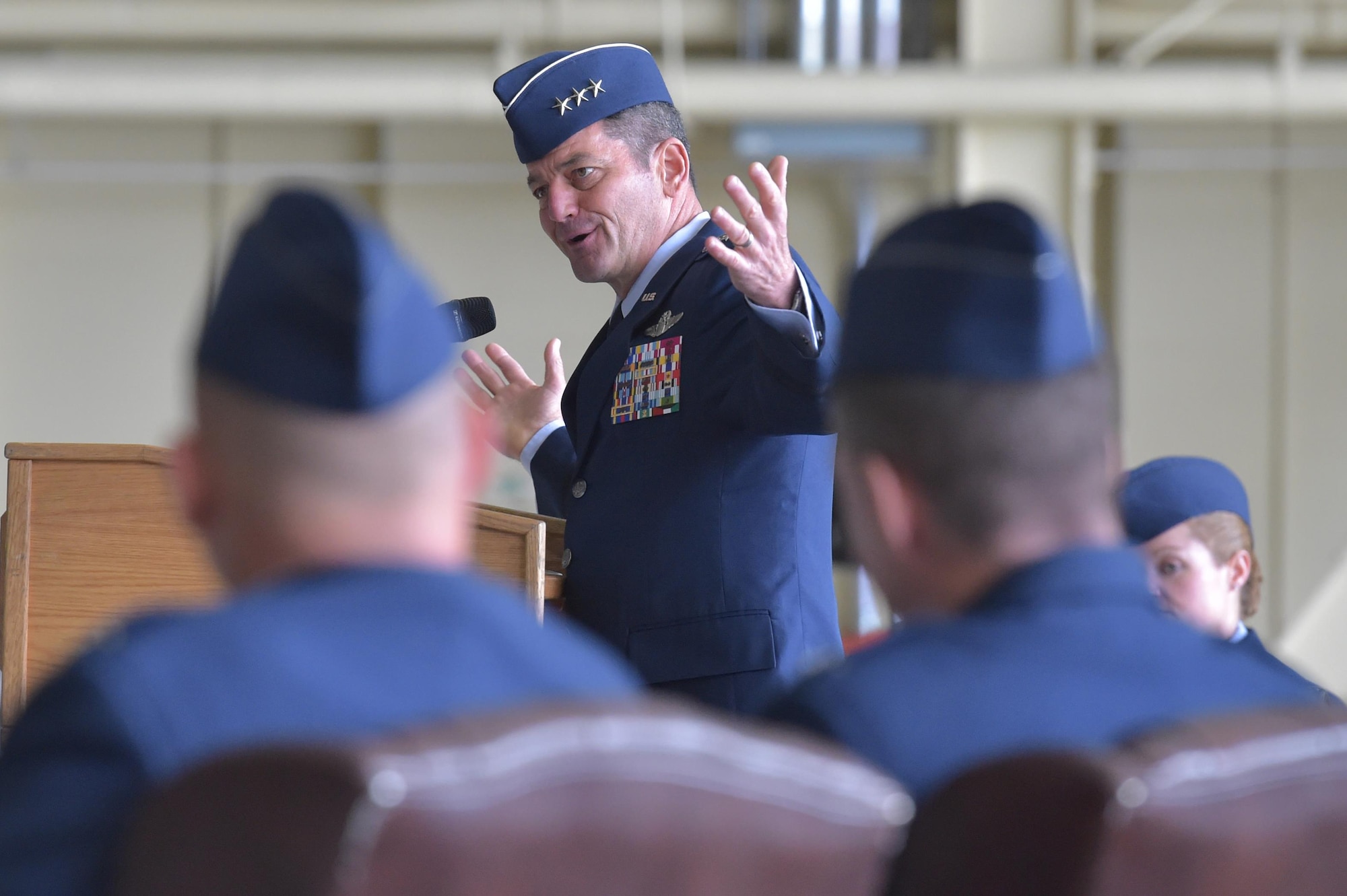 Air Force Lt. Gen. Russell Handy, the appointed commander of Pacific Air Forces speaks at 673d Air Base Wing and Joint Base Elmendorf-Richardson, Alaska, change of command ceremony at Hangar 1 on JBER, Monday, July 11, 2016. U.S. Air Force Col. Brian Bruckbauer turned over command to Air Force Col. George Dietrich III as Handy officiated before gathered family members, distinguished guests and military personnel. (U.S. Air Force photo/Justin Connaher)