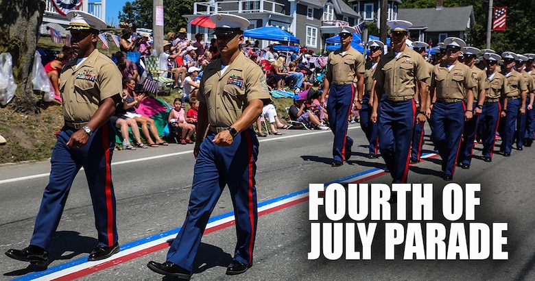 Maj. Marc Walker, operations officer, 8th Communication Battalion, and 1st Sgt. Hernandez, first sergeant, Co, 8th Comm. Bn., lead Marines with 8th Communication Battalion during the Bristol Fourth of July Parade in Bristol, Rhode Island, July 4, 2016. Marines marched directly behind the sailors of the USS Arlington and Navy officer candidates from Naval Officer Training Command Newport, RI. (U.S. Marine Corps photo illustration by Cpl. Paul S. Martinez/Released)