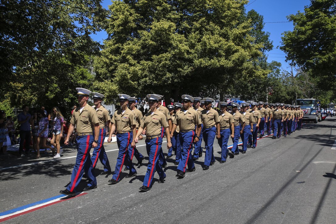 Marines with 2nd Law Enforcement Battalion march during the Bristol Fourth of July Parade in Bristol, Rhode Island, July 4, 2016. The annual celebration has a history dating back to 1785, when Henry Wight, a Revolutionary War veteran, conducted the first patriotic exercises. The parade itself is believed to have formally begun in the 1800s. (U.S. Marine Corps photo by Cpl. Paul S. Martinez/Released)