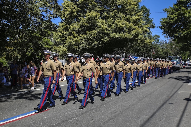 Marines with 2nd Law Enforcement Battalion march during the Bristol Fourth of July Parade in Bristol, Rhode Island, July 4, 2016. The annual celebration has a history dating back to 1785, when Henry Wight, a Revolutionary War veteran, conducted the first patriotic exercises. The parade itself is believed to have formally begun in the 1800s. (U.S. Marine Corps photo by Cpl. Paul S. Martinez/Released)