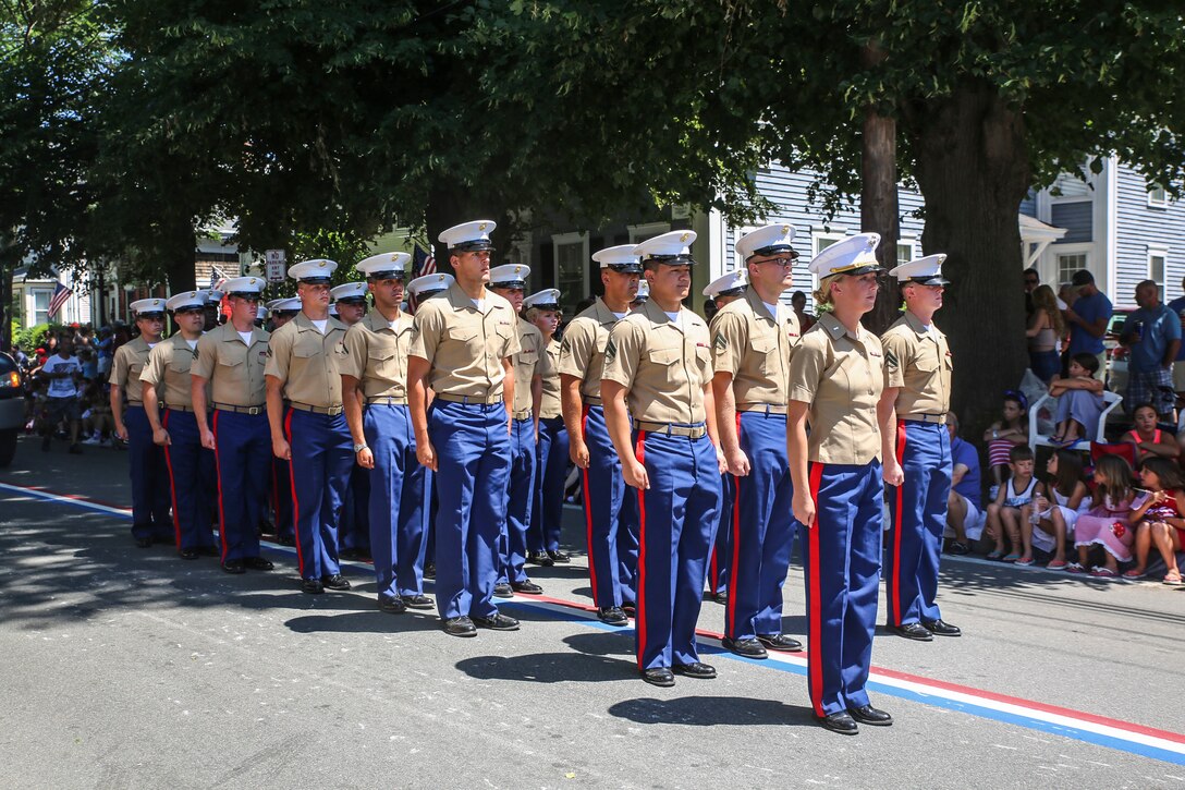 Marines with 8th Communication Battalion prepare to march during the Bristol Fourth of July Parade in Bristol, Rhode Island, July 4, 2016. The annual celebration has a history dating back to 1785, when Henry Wight, a Revolutionary War veteran, conducted the first patriotic exercises. The parade itself is believed to have formally begun in the 1800s. (U.S. Marine Corps photo by Cpl. Paul S. Martinez/Released)