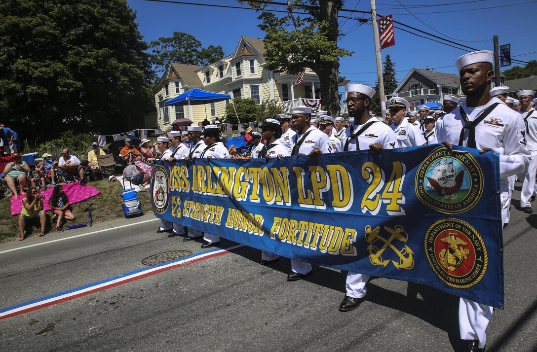 Sailors of the USS Arlington march during the Bristol Fourth of July Parade in Bristol, Rhode Island, July 4, 2016. The annual celebration has a history dating back to 1785, when Henry Wight, a Revolutionary War veteran, conducted the first patriotic exercises. The parade itself is believed to have formally begun in the 1800s. (U.S. Marine Corps photo by Cpl. Paul S. Martinez/Released)