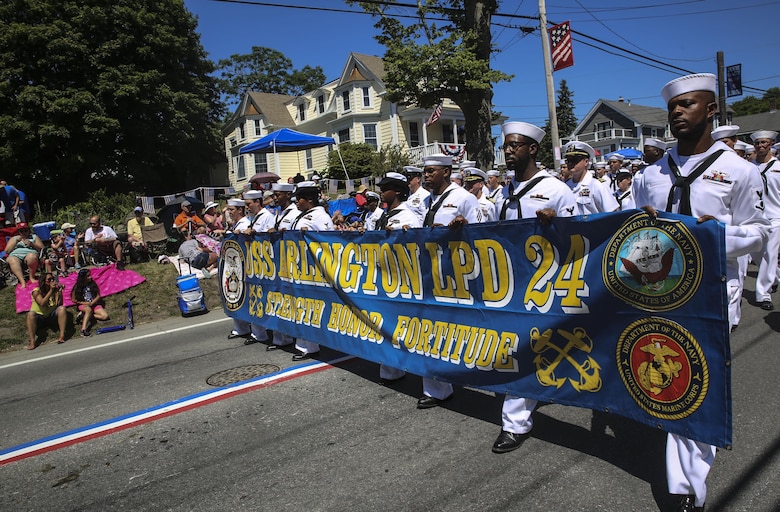 Sailors of the USS Arlington march during the Bristol Fourth of July Parade in Bristol, Rhode Island, July 4, 2016. The annual celebration has a history dating back to 1785, when Henry Wight, a Revolutionary War veteran, conducted the first patriotic exercises. The parade itself is believed to have formally begun in the 1800s. (U.S. Marine Corps photo by Cpl. Paul S. Martinez/Released)