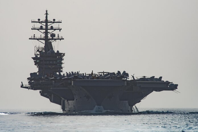 (July 12, 2016) The aircraft carrier USS Dwight D. Eisenhower (CVN 69), the flagship of the Eisenhower Carrier Strike Group, transits the Strait of Bab-el-Mandeb. The Eisenhower Carrier Strike Group is deployed in support of maritime security operations and theater security cooperation efforts in the U.S. 5th Fleet area of operations.                