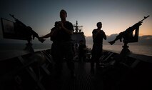 (July 8, 2016) Sailors assigned to the guided-missile cruiser USS San Jacinto (CG 56) stand watch on the bow as the ship enters the Suez Canal. San Jacinto, deployed as part of the Eisenhower Carrier Strike Group, is supporting maritime security operations and theater security cooperation efforts in the U.S. 5th Fleet area of operations. 