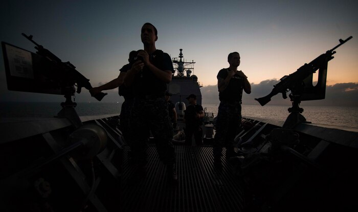(July 8, 2016) Sailors assigned to the guided-missile cruiser USS San Jacinto (CG 56) stand watch on the bow as the ship enters the Suez Canal. San Jacinto, deployed as part of the Eisenhower Carrier Strike Group, is supporting maritime security operations and theater security cooperation efforts in the U.S. 5th Fleet area of operations. 