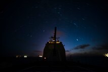 (July 8, 2016) The guided-missile cruiser USS San Jacinto (CG 56) enters the Suez Canal. San Jacinto, deployed as part of the Eisenhower Carrier Strike Group, is supporting maritime security operations and theater security cooperation efforts in the U.S. 5th Fleet area of operations.
