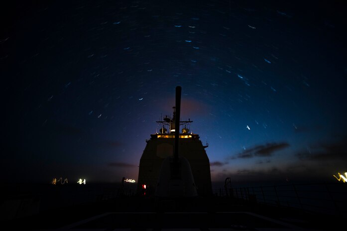 (July 8, 2016) The guided-missile cruiser USS San Jacinto (CG 56) enters the Suez Canal. San Jacinto, deployed as part of the Eisenhower Carrier Strike Group, is supporting maritime security operations and theater security cooperation efforts in the U.S. 5th Fleet area of operations.