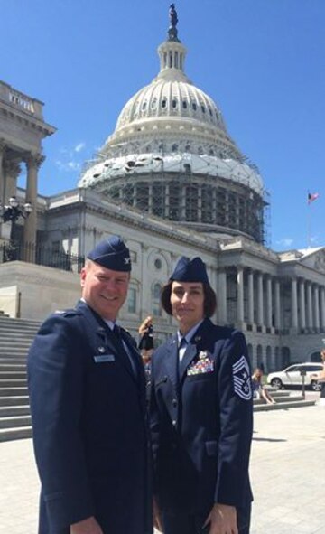PETERSON AIR FORCE BASE, Colo. -- Commander of the 302nd Airlift Wing, Col. James DeVere and 302nd AW Command Chief Master Sergeant Vicki Robertson met with Colorado federal legislators during their annual Capitol Hill visits June 8. The Air Force Reserve wing's leadership team shared updates on the wing's mission, manning and recent accomplishments with Colorado Senators, U.S. Representatives and their staff members during their D.C. visits. (U.S. Air Force photo/Ann Skarban)
