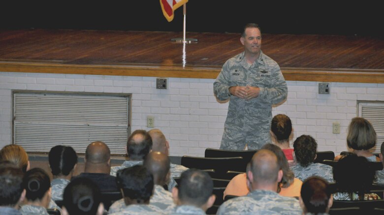 Col. Mark S. Larson, 931st Air Refueling Wing commander, speaks about a recent inspection to 931 ARW Citizen Airmen July 12, 2016, McConnell AFB, Kan. The unit received an overall effective rating from the Unit Effectiveness Inspection and several superior performers were recognized during the process. (U.S. Air Force photo by Senior Airman Preston Webb)
