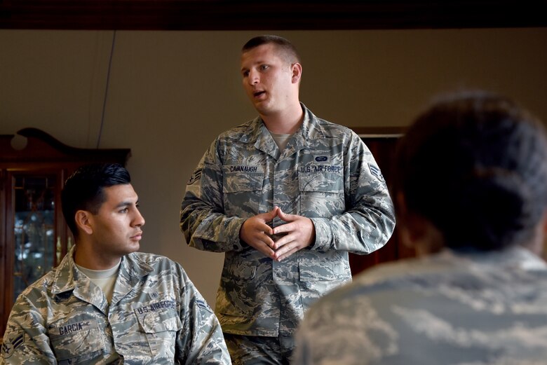 Senior Airman Nicholas Cavanaugh, 544th Intelligence, Surveillance and Reconnaissance Group command support staff specialist, speaks to the Junior Enlisted Association about suicide prevention at Peterson Air Force Base, Colo., July 7, 2016. After a low point and because he reached out for help, Cavanaugh credits his mentor with saving his life.  (U.S. Air Force photo by Airman 1st Class Dennis Hoffman)