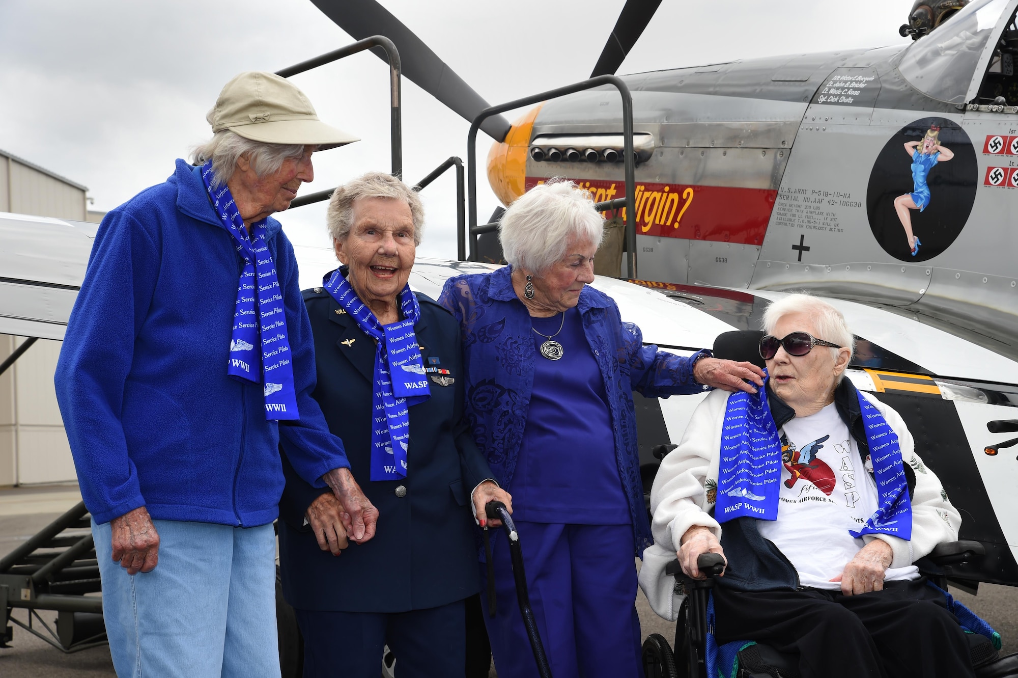 (From Left) Alta Thomas, Dorothy Olsen, Betty Dybbro and Mary Jean Sturdevant, former Women Airforce Service Pilots, stand in front of a P-51 Mustang on the McChord Field flight line July 10, 2016, at Joint Base Lewis-McChord, Wash. Olsen celebrated her 100th birthday at McChord along with three fellow WASP’s and their families at McChord. During World War II, Olsen flew fighter aircraft, her favorite being the P-51 Mustang, across the country to contribute to the war effort at home while male pilots were overseas fighting. (Air Force Photo/Staff Sgt. Naomi Shipley)
