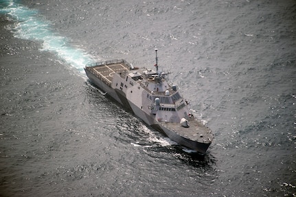 PACIFIC OCEAN (July 11, 2016) - The littoral combat ship USS Freedom (LCS 1) transits the Pacific Ocean after departing Naval Base San Diego July 9, to participate in the Rim of the Pacific 2016 exercise. Twenty-six nations, more than 40 ships and submarines, more than 200 aircraft and 25,000 personnel are participating in RIMPAC from June 30 to Aug. 4, in and around the Hawaiian Islands and Southern California. The world's largest international maritime exercise, RIMPAC provides a unique training opportunity that helps participants foster and sustain the cooperative relationships that are critical to ensuring the safety of sea lanes and security on the world's oceans. RIMPAC 2016 is the 25th exercise in the series that began in 1971. 