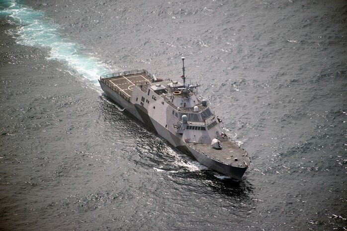 PACIFIC OCEAN (July 11, 2016) - The littoral combat ship USS Freedom (LCS 1) transits the Pacific Ocean after departing Naval Base San Diego July 9, to participate in the Rim of the Pacific 2016 exercise. Twenty-six nations, more than 40 ships and submarines, more than 200 aircraft and 25,000 personnel are participating in RIMPAC from June 30 to Aug. 4, in and around the Hawaiian Islands and Southern California. The world's largest international maritime exercise, RIMPAC provides a unique training opportunity that helps participants foster and sustain the cooperative relationships that are critical to ensuring the safety of sea lanes and security on the world's oceans. RIMPAC 2016 is the 25th exercise in the series that began in 1971. 