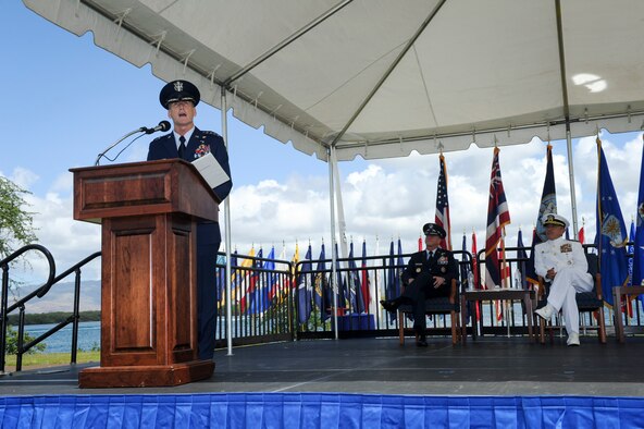 Gen. Terrence J. O’Shaughnessy gives his remarks during an assumption-of-command ceremony at Joint Base Pearl Harbor-Hickam, Hawaii, July 12, 2016. O’Shaughnessy now leads U.S. Pacific Command's Air Component, delivering airpower across 52 percent of the globe. (U.S. Air Force photo by Staff Sgt. Kamaile Chan)