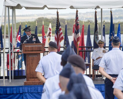 Gen. David L. Goldfein, U.S. Air Force Chief of Staff, provides remarks during an assumption-of-command ceremony at Joint Base Pearl Harbor-Hickam, Hawaii, July 12, 2016. Goldfein and Adm. Harry B. Harris, Jr., U.S. Pacific Command commander, presided over the ceremony in which Gen. Terrence J. O’Shaughnessy assumed command of Pacific Air Forces. (U.S. Air Force photo by Capt. Raymond Geoffroy)
