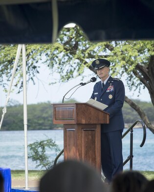 Gen. Terrence J. O’Shaughnessy gives his remarks during an assumption-of- command ceremony at Joint Base Pearl Harbor-Hickam, Hawaii, July 12, 2016. O’Shaughnessy now leads U.S. Pacific Command's Air Component, delivering airpower across 52 percent of the globe. (U.S. Air Force photo by Capt. Raymond Geoffroy)