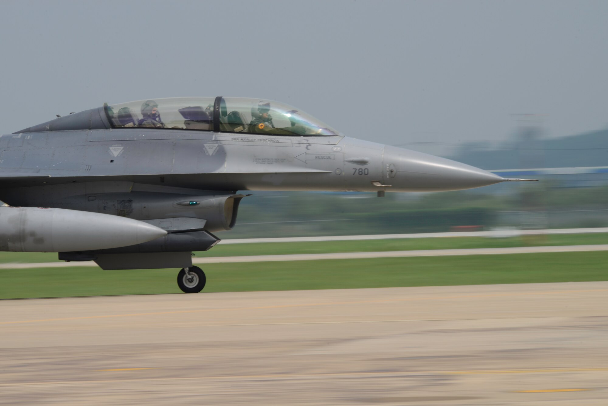 U.S. Ambassador to the Republic of Korea Mark Lippert and Capt. Brent Smith, 36th Fighter Squadron pilot, take off for a familiarization flight in an F-16 Fighting Falcon at Osan Air Base, Republic of Korea, July 12, 2016. Lippert flew in the aircraft to better understand Seventh Air Force’s role in the defense of the RoK as part of United States Forces Korea. (U.S. Air Force photo by Senior Airman Dillian Bamman/Released)