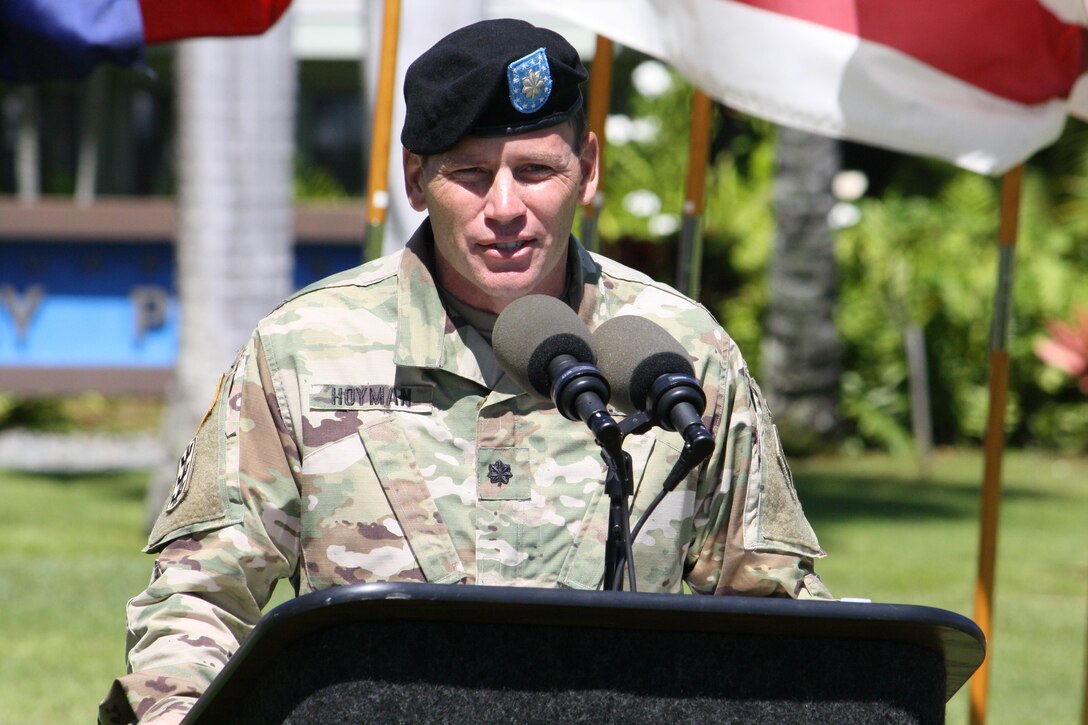 New Honolulu District Commander Lt. Col. James D. Hoyman makes his remarks during the Honolulu District Change of Command ceremony on Palm Circle at Fort Shafter.  At the ceremony Hoyman became the 70th Commander of the U.S. Army Corps of Engineers Honolulu District. 