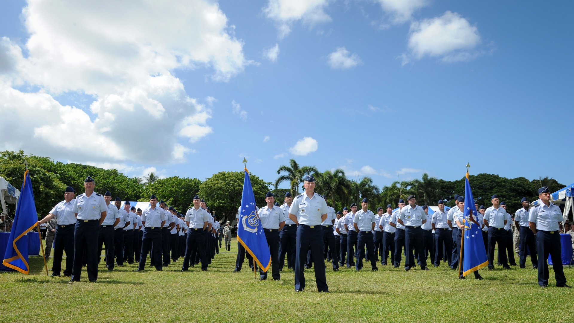 Pacific Air Forces Airmen representing the command's numbered Air Forces listen to remarks by their new commander, Gen. Terrence J. O'Shaughnessy, during an assumption-of-command ceremony at Joint Base Pearl Harbor-Hickam, Hawaii, July 12, 2016. O'Shaughnessy now leads U.S. Pacific Command's Air Component, delivering airpower across 52 percent of the globe. (U.S. Air Force photo by Staff Sgt. Kamaile Chan)
