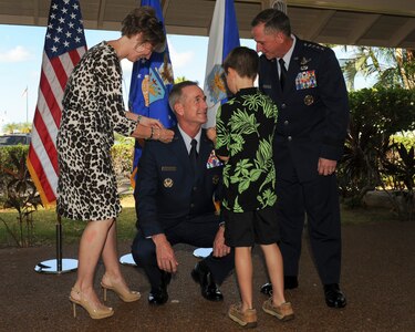 Lt. Gen. Terrence J. O’Shaughnessy receives his general stars pinned on by his family and Gen. David L. Goldfein, U.S. Air Force Chief of Staff, at Joint Base Pearl Harbor-Hickam, Hawaii, July 12, 2016. O’Shaughnessy, a command F-16 pilot with more than 3,000 flight hours, was previously the commander of Air Component Command, Republic of Korea/U.S. Combined Forces Command, and the Seventh Air Force, Osan Air Base, Republic of Korea. (U.S. Air Force photo/Staff Sgt. Kamaile Chan)