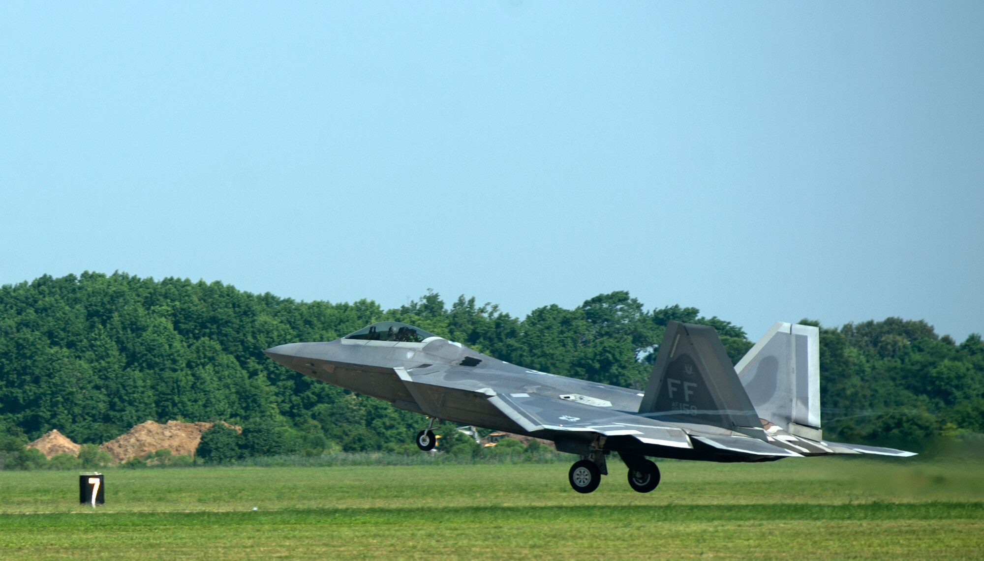 A U.S. Air Force F-22 Raptor takes off for Red Flag 16-3 at Langley Air Force Base, Va., July 7, 2016. Red Flag’s training missions take place over the 2.9 million acre Nevada Test and Training Range.  (U.S. Air Force photo by Airman 1st Class Kaylee Dubois)