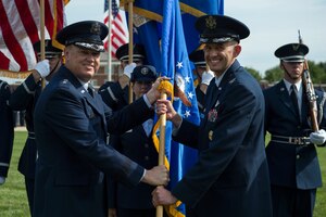 Col. John Teichert, the new 11th Wing and Joint Base Andrews commander, assumes command of the 11th Wing and Joint Base Andrews at Joint Base Anacostia-Bolling, Washington, D.C., July 12, 2016. Teichert took over command from Col. Bradley Hoagland and is now responsible for approximately 2,500 Airmen, DOD civilians and contractors in the 11th WG. (U.S. Air Force photo by Airman 1st Class Philip Bryant)
