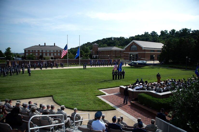 Maj. Gen. Darryl Burke, Air Force District of Washington commander, speaks during a change of command ceremony held on the Ceremonial Lawn at Joint Base Anacostia-Bolling, Washington, D.C., July 12, 2016. This ceremony transfers command of the 11th WG and Joint Base Andrews from Col. Bradley Hoagland to Col. John Teichert. (U.S. Air Force photo by Airman 1st Class Philip Bryant)